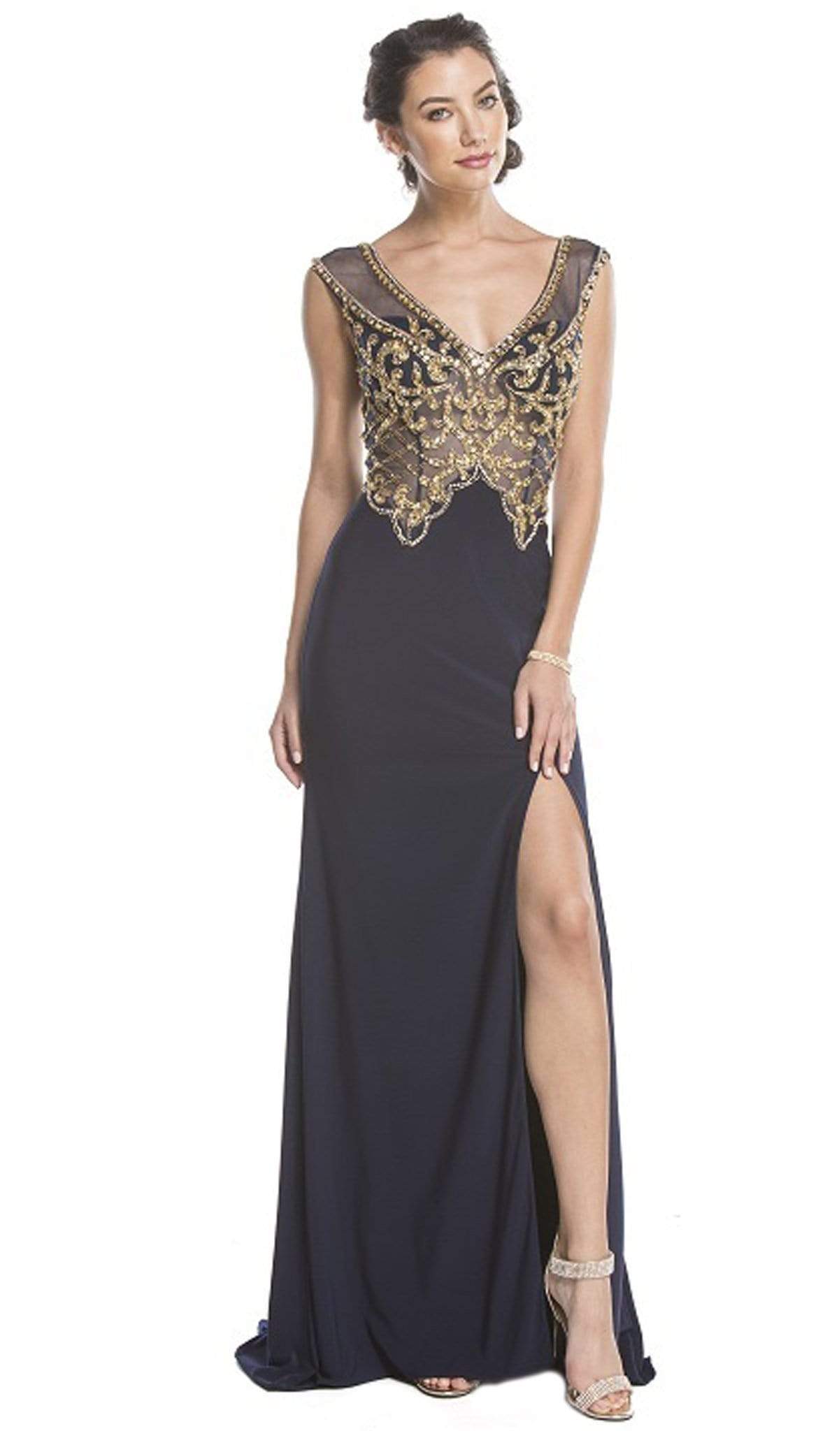 Gold Embellished Evening Dress with Slit Evening Dressses XXS / Navy-Gold