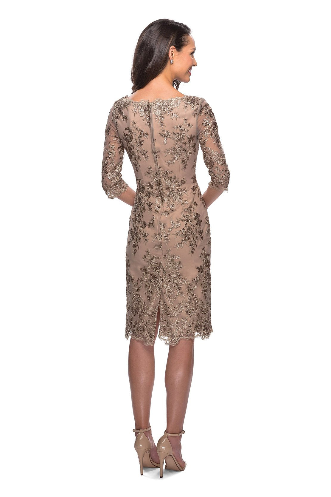 La Femme - Knee Length Quarter Sleeve Embroidered Dress 26871 In Gold and Neutral