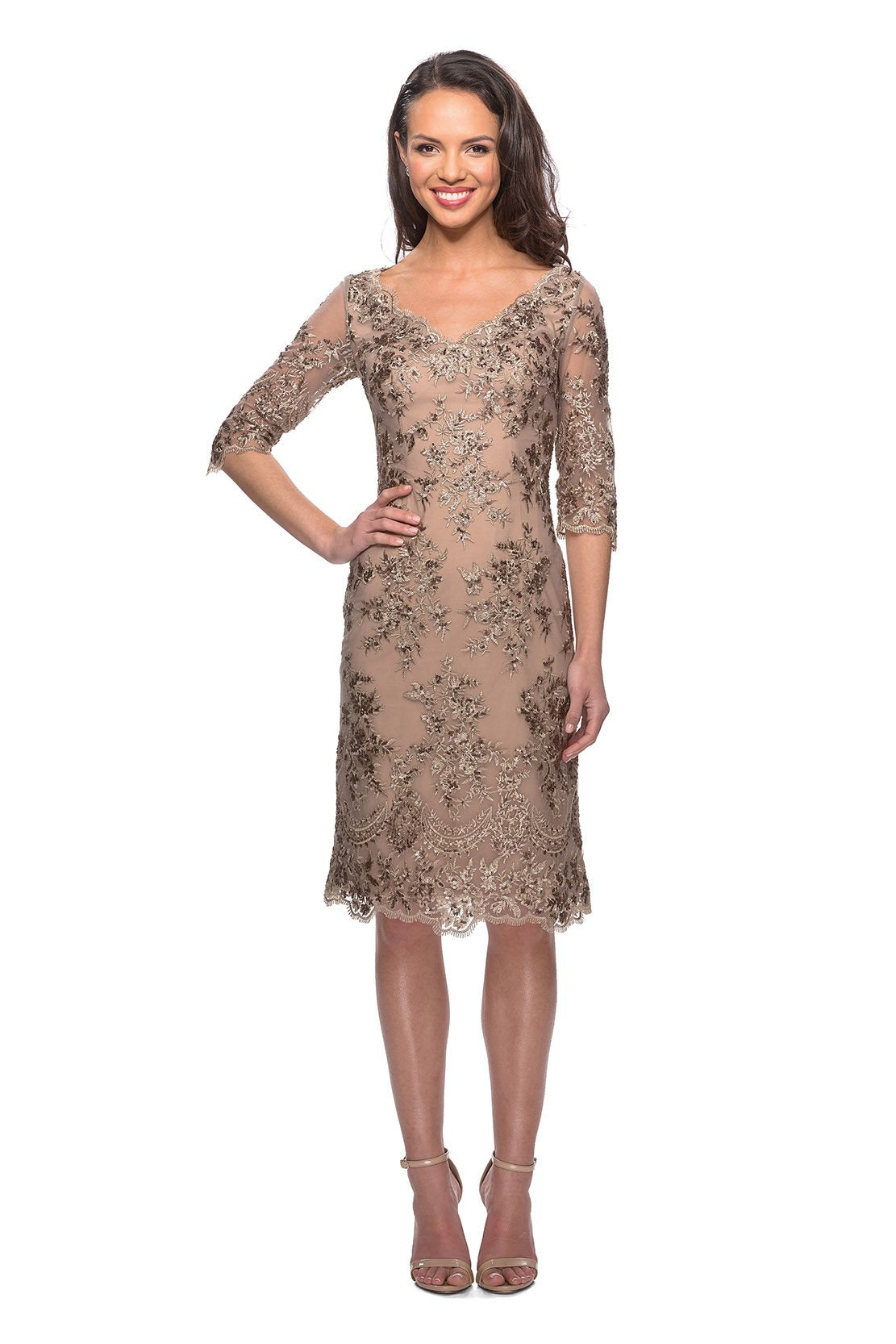 La Femme - Knee Length Quarter Sleeve Embroidered Dress 26871 In Gold and Neutral