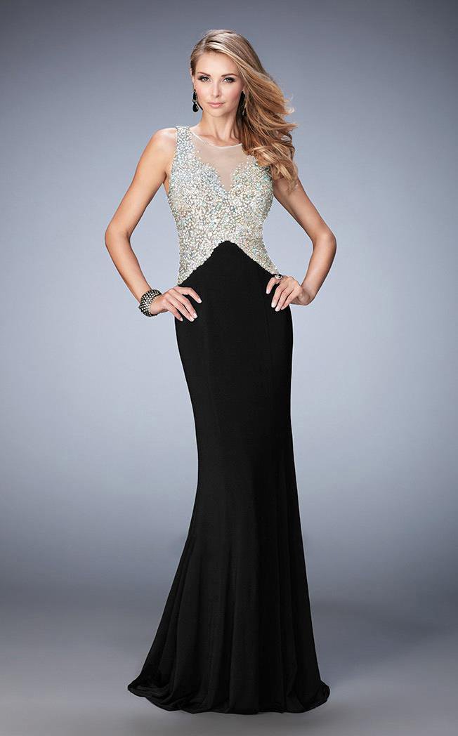 Gigi - 22886 Bedazzled Illusion Jewel Sheath Dress In Black