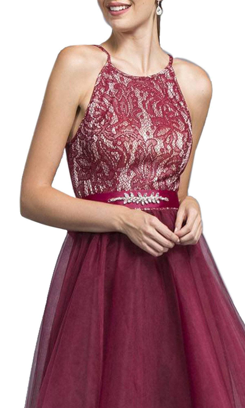 Aspeed Design - Lace Halter A-Line Short Dress D136SC In Red
