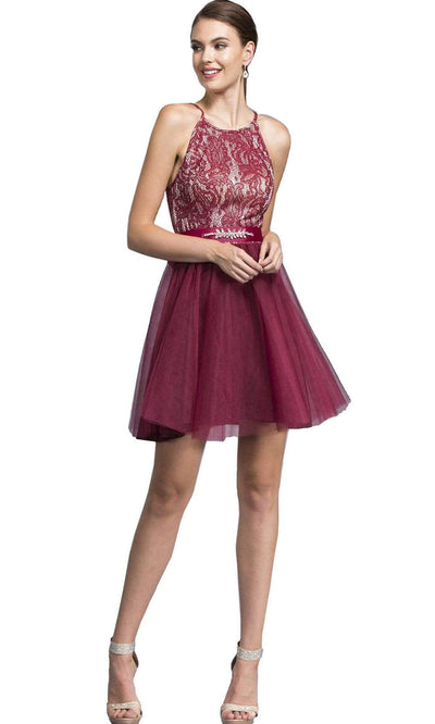 Aspeed Design - Lace Halter A-Line Short Dress D136SC In Red