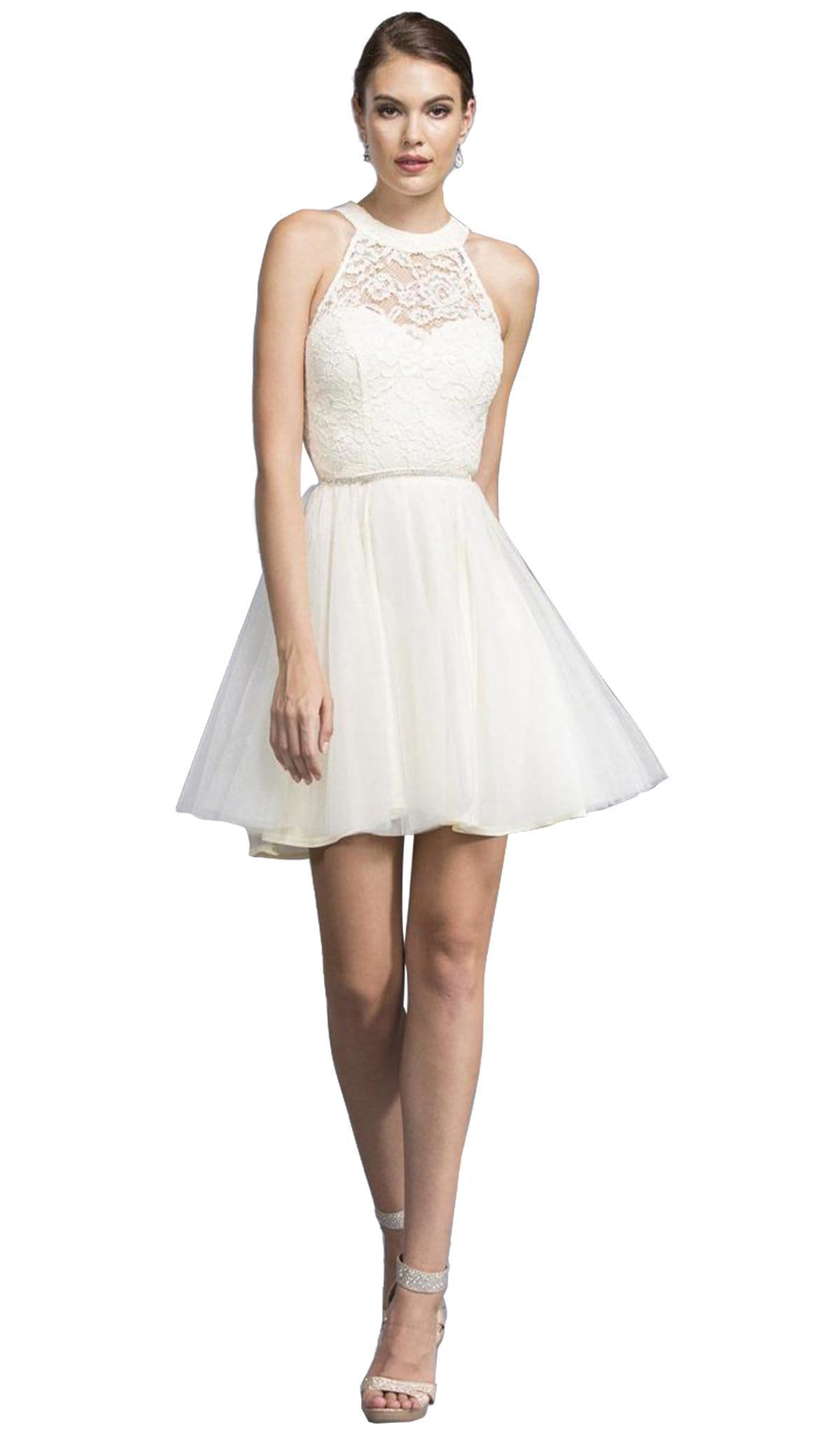 Halter Neck Short Dress with Crystal Ornate Belt Cocktail Dresses XXS / Off White