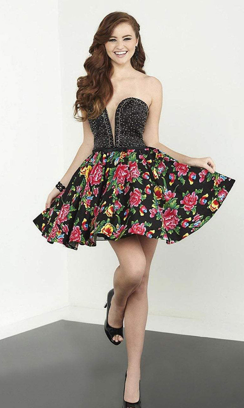 Tiffany Homecoming - Beaded Strapless Detachable Belt Floral Print Dress 27083SC