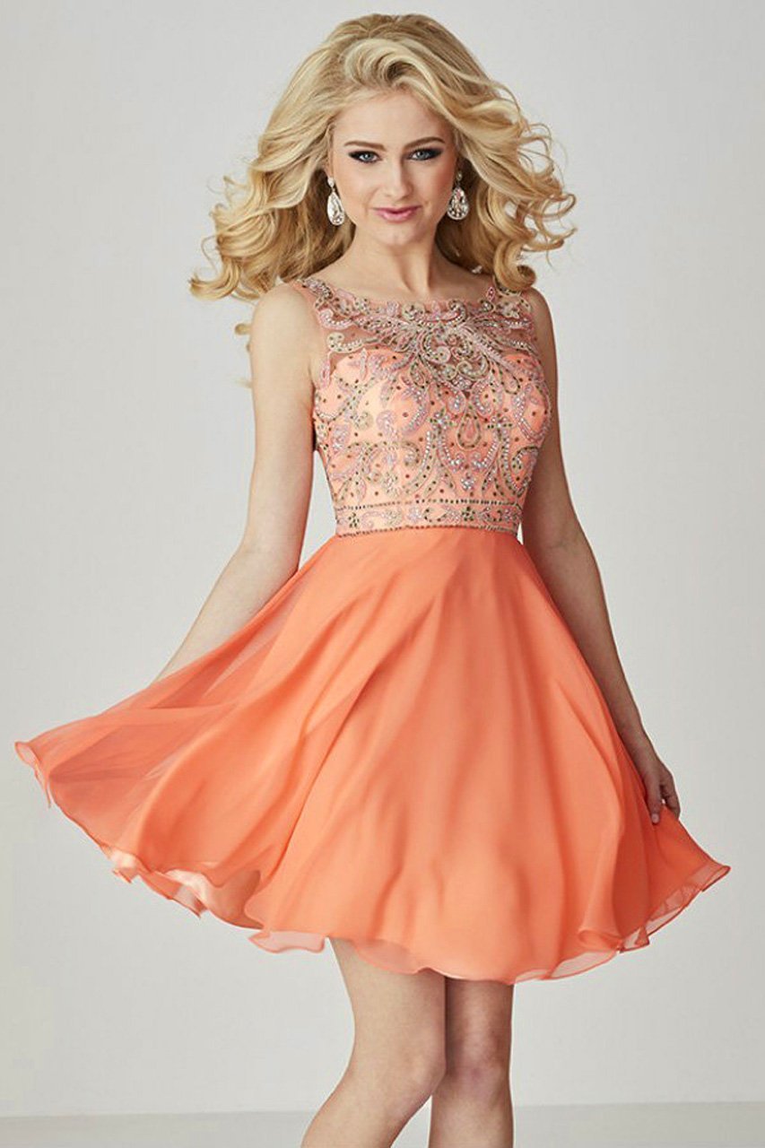 Tiffany Homecoming - 27097 Embroidered Illusion Bateau Neck Chiffon A-line Dress Special Occasion Dress