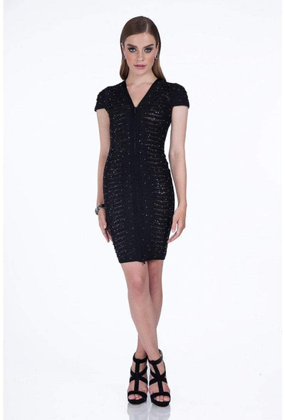 Terani Couture - 1611C0011A Bedazzled V-Neck Sheath Dress in Black