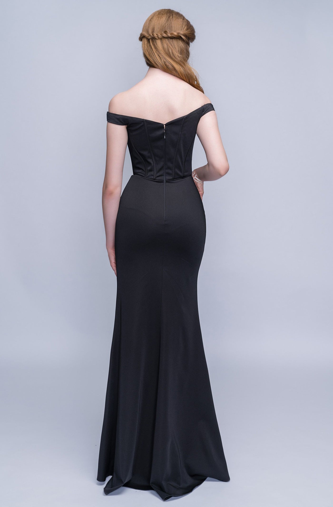 Nina Canacci - 1416 Plunging Off Shoulder High Slit Gown In Black