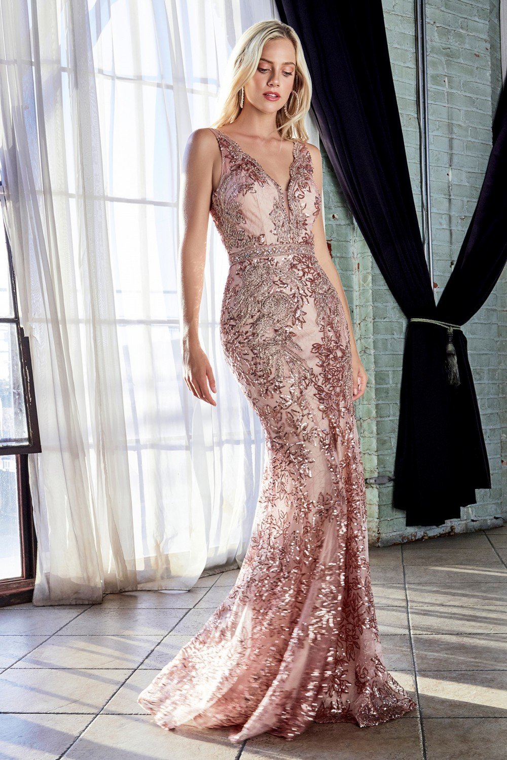 Cinderella Divine - HT062 Fitted Lace Sequined V-neck Trumpet Silhouette Gown In Pink and Gold