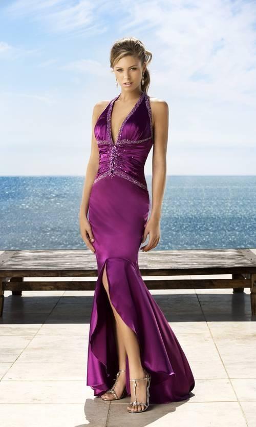 La Femme - 12278 V Neck Halter Neck High Low Mermaid Prom Dress in Purple