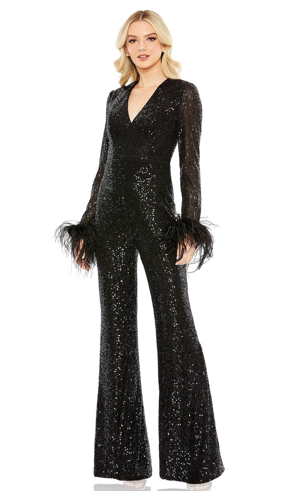 Ieena Duggal 11581 - V-Neck Long Sleeve Jumpsuit Formal Pantsuit 14W / Black