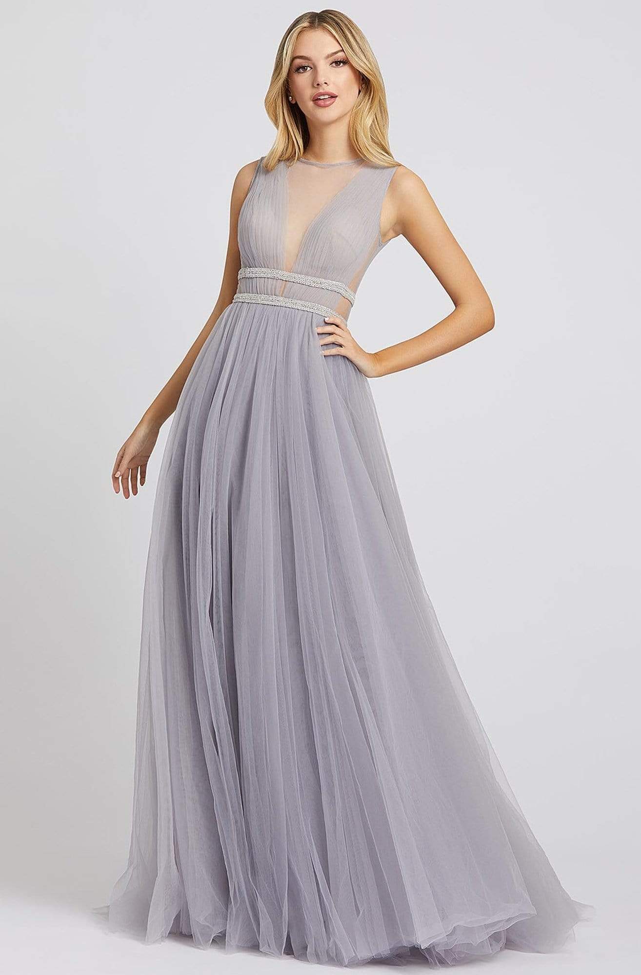 Ieena Duggal - 20188I Sheer Sleeveless High Neck A-Line Evening Gown Evening Dresses 0 / Platinum