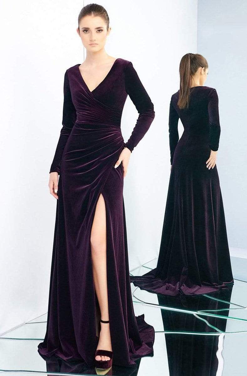 Ieena Duggal - 26007I Long Sleeve Velvet Gown in Eggplant Special Occasion Dress 2 / Eggplant