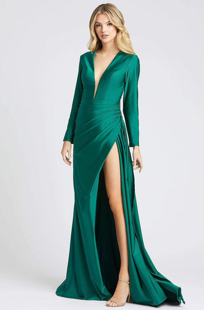 Ieena Duggal - 26250I Long Sleeved High Slit V-Neck Satin Gown Evening Dresses 0 / Emerald Green