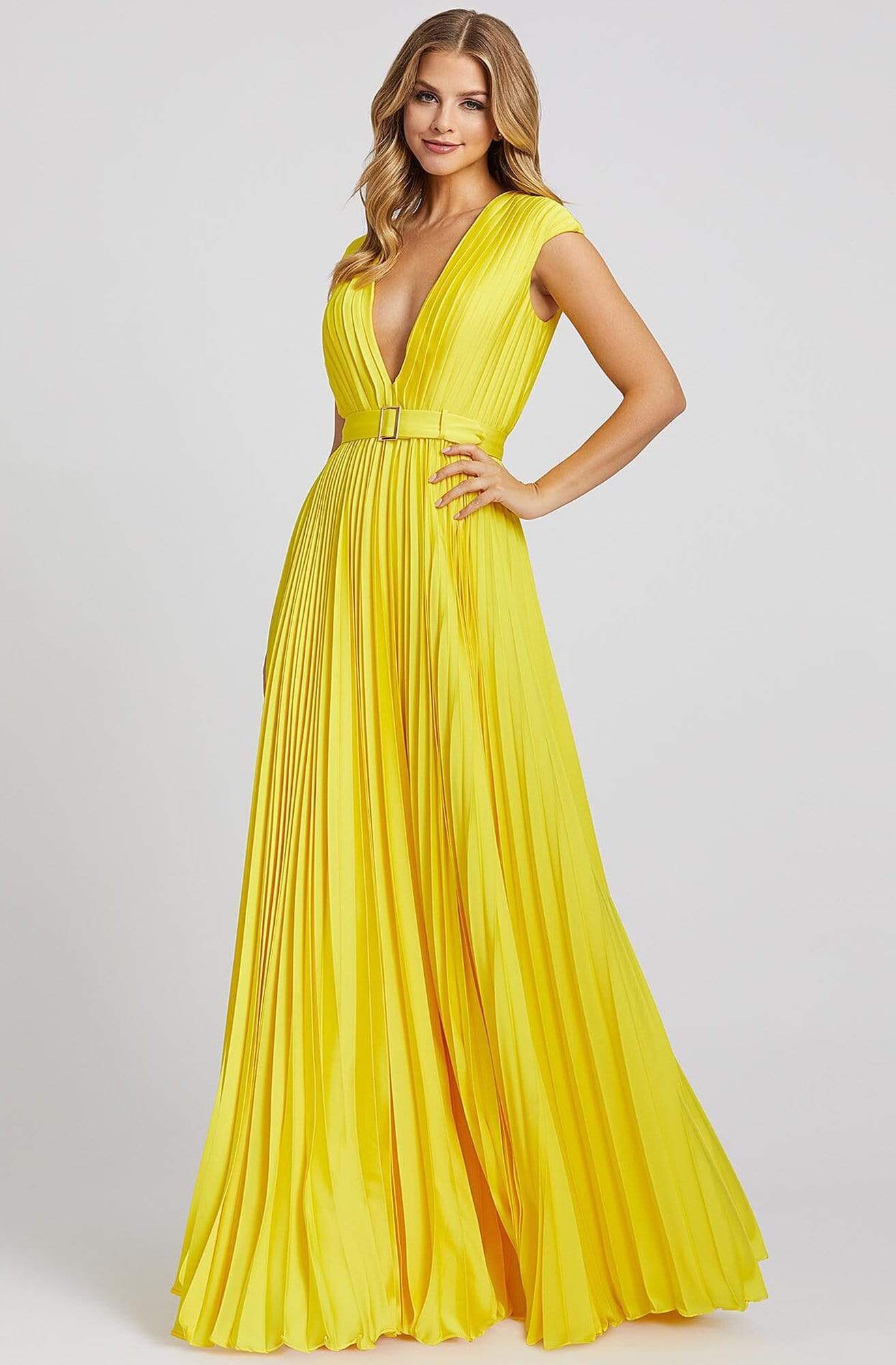Ieena Duggal - 26285I Deep V Neck Pleated Flowy A-Line Gown Prom Dresses 0 / Lemon