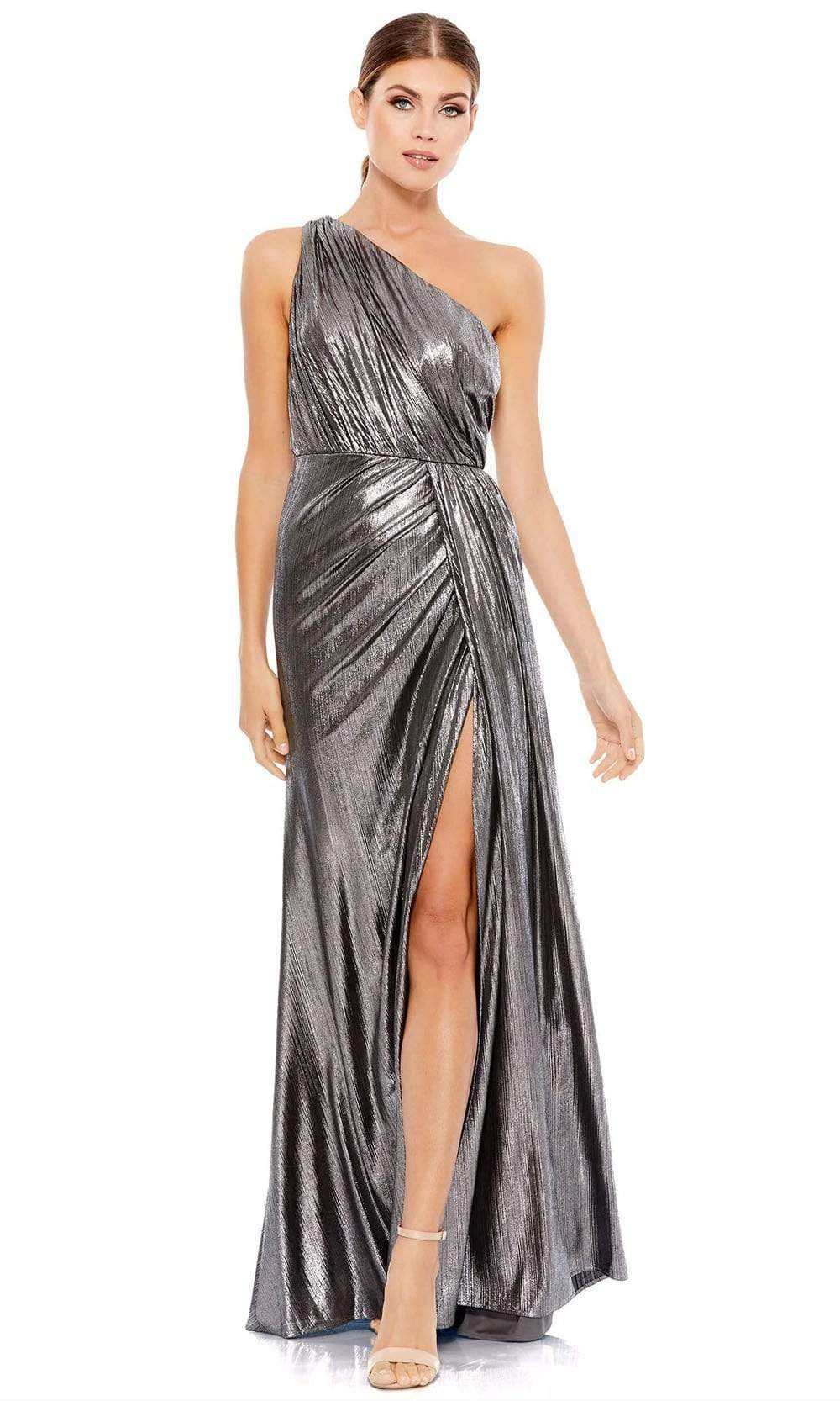 Ieena Duggal - 26537 One Shoulder Grecian Metallic Gown Evening Dresses 0 / Gunmetal