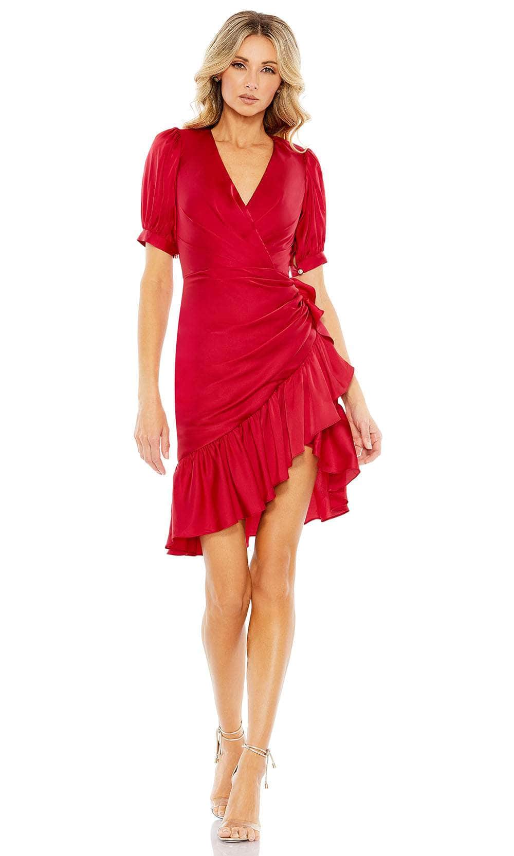Ieena Duggal 26928 - Puff Sleeve Faux Wrap Dress Special Occasion Dress 0 / Rusty Red