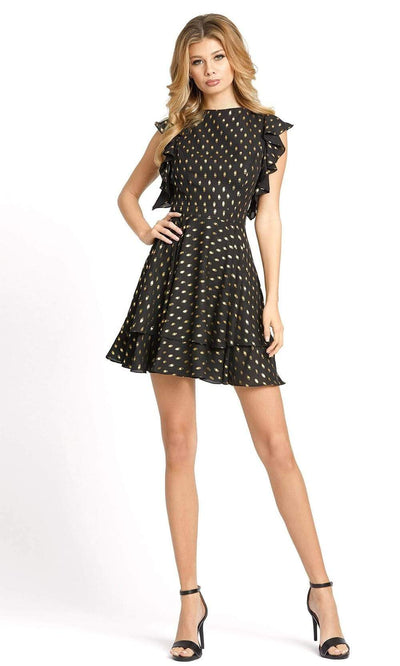 Ieena Duggal - 49130 Flutter Sleeve Gilt-Print Dress Cocktail Dresses 0 / Black / Gold