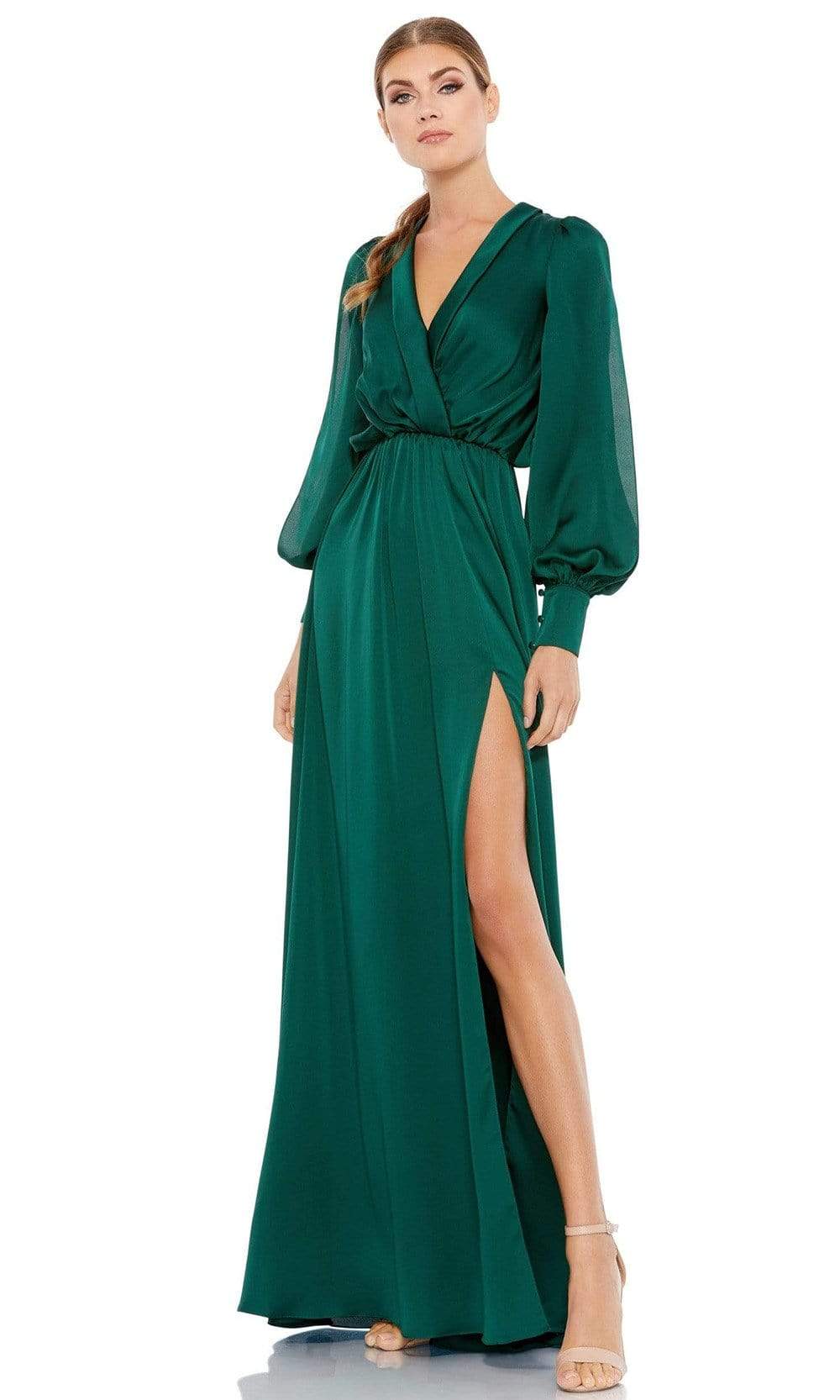 Ieena Duggal - 49146 Split Bishop Sleeve High Slit Dress Evening Dresses 0 / Deep Emerald