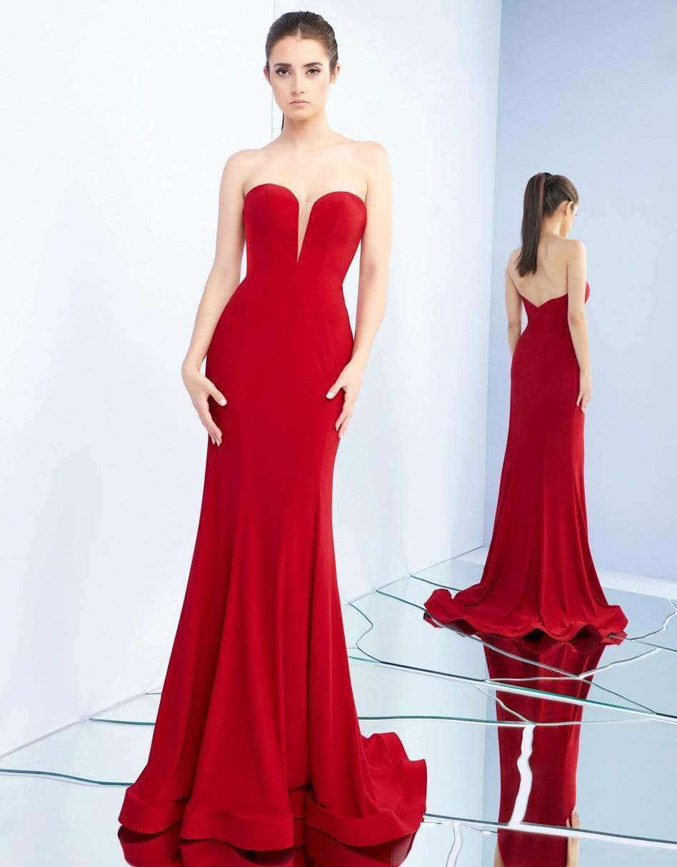 Ieena Duggal - 55233I Plunging Sweetheart Illusion Evening Gown in Red Special Occasion Dress