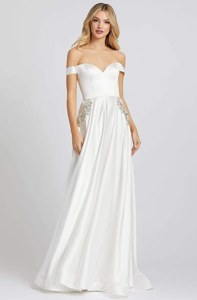Ieena Duggal - 55273I Off Shoulder Satin Gown with Beaded Pockets Prom Dresses 0 / White