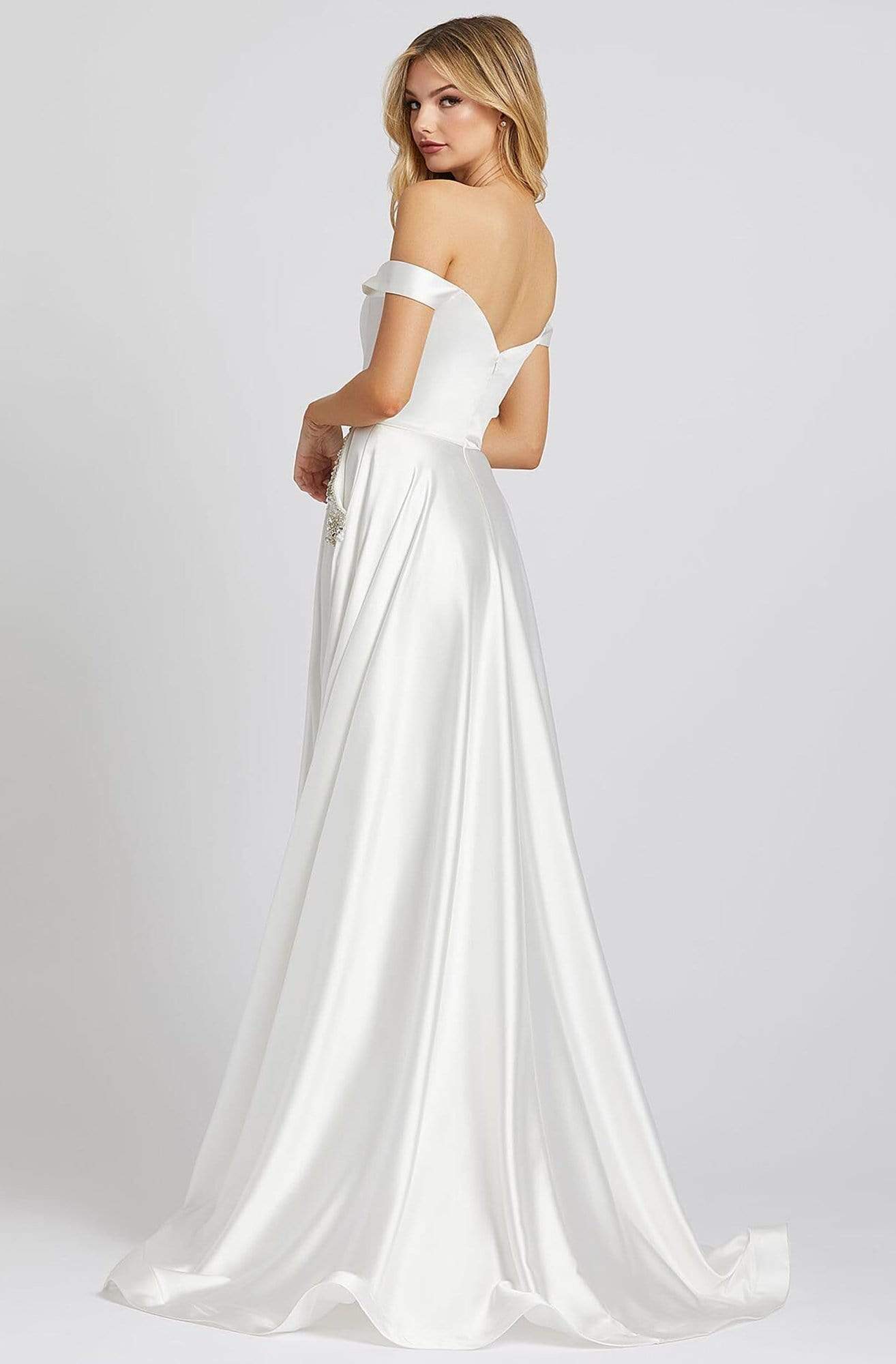 Ieena Duggal - 55273I Off Shoulder Satin Gown with Beaded Pockets Prom Dresses