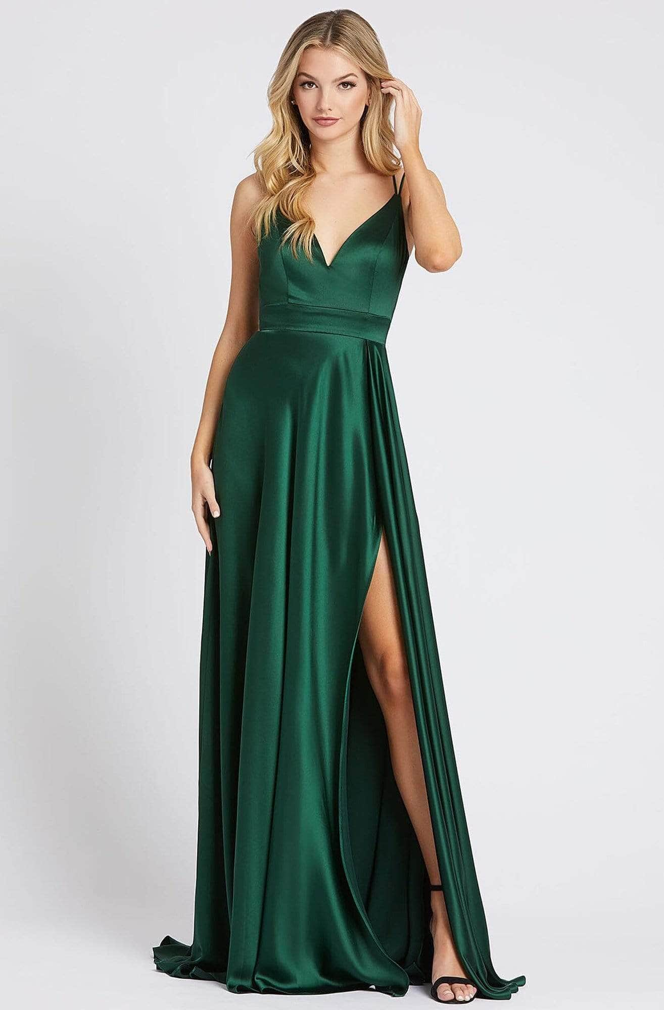 Ieena Duggal - 55278I Sleeveless V Neck Satin Gown Evening Dresses 0 / Bottle Green