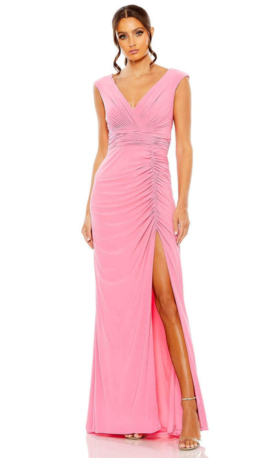 Ieena Duggal 55974 - Ruched Sheath Dress with High Slit Candy Pink
