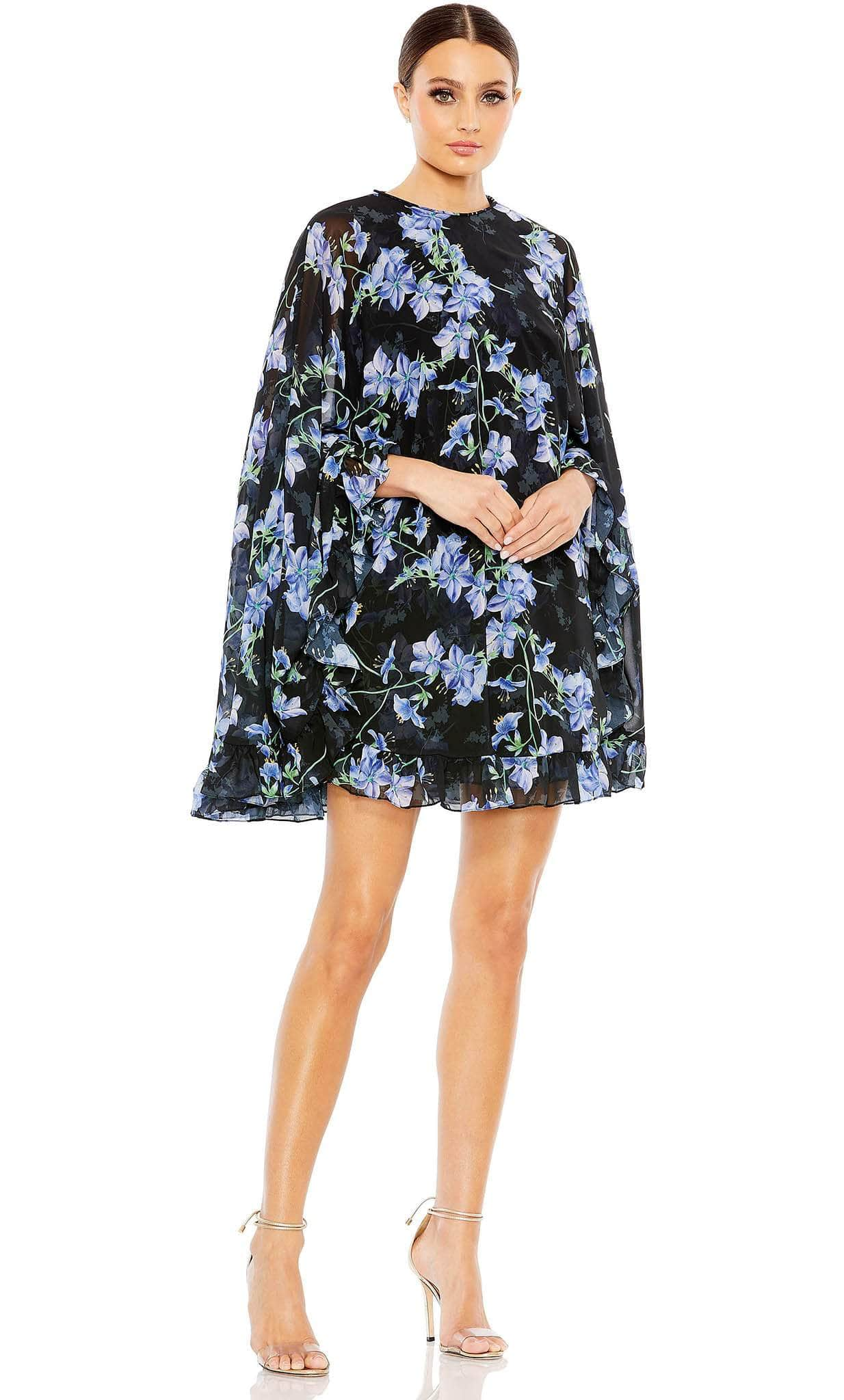 Ieena Duggal 56028 - Floral Cape Cocktail Dress Cocktail Dresses 0 / Black Multi