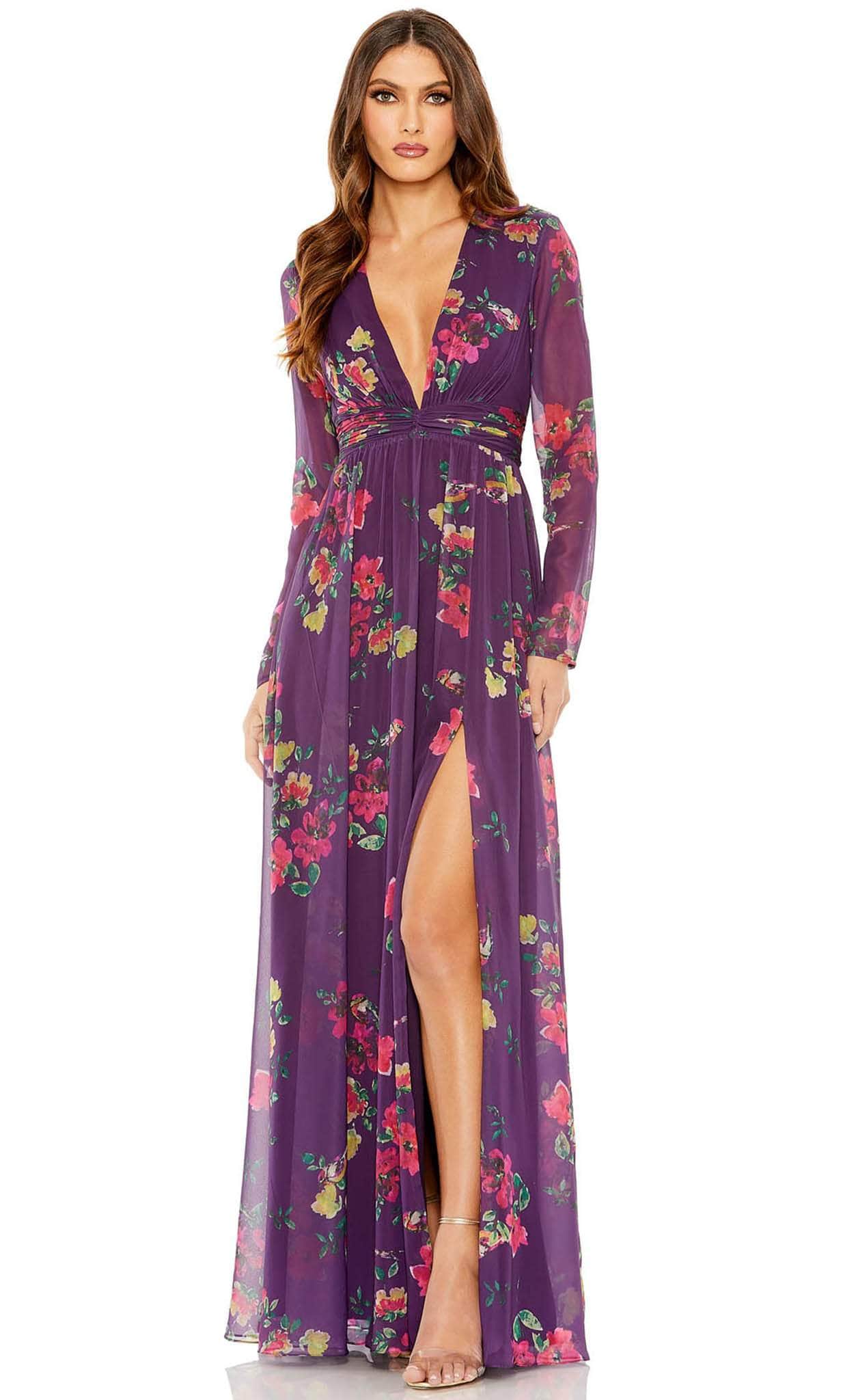 Ieena Duggal 68558 - Long Sleeve Plunging Neck Long Dress Special Occasion Dress 4 / Purple Multi