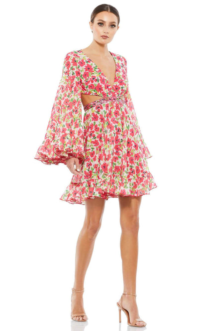 Ieena Duggal 9158 - Floral Printed Short Bell Dress Special Occasion Dress 0 / Pink Multi