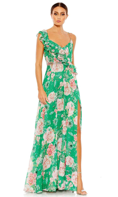 Ieena Duggal 9175 - Floral Print V-Neck Prom Gown Special Occasion Dress 0 / Green Multi