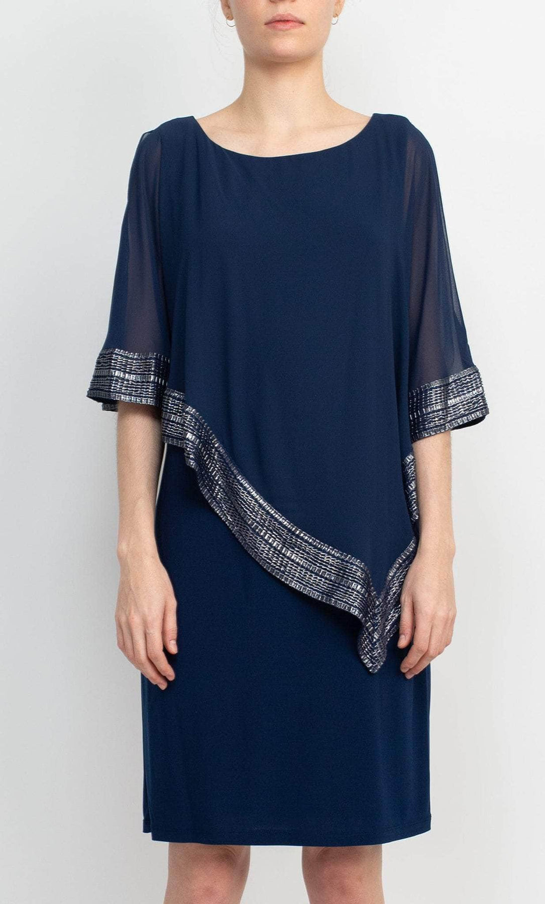 Ignite Evenings IG111176 - Short Jersey Sheath Dress - 3/4 Cape Sleeves, Foil Trim, Capelet, Back Zipper ADASA Ignite Evenings IG111176 - Short Jersey Sheath Dress - 3/4 Cape Sleeves, Foil Trim, Capelet, Back Zipper ADASA