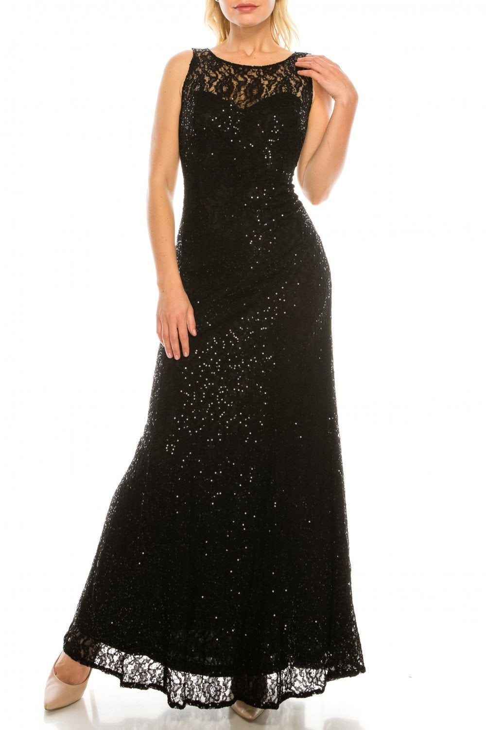 Ignite Evenings - 3802R Sequined Lace Cutout Back Sheath Gown In Black