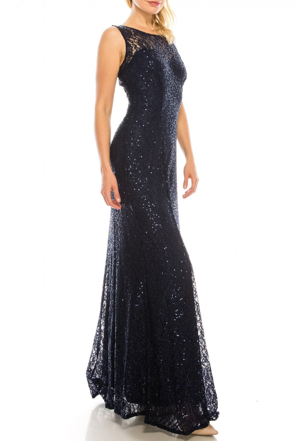 Ignite Evenings - 3802R Sequined Lace Cutout Back Sheath Gown In Blue