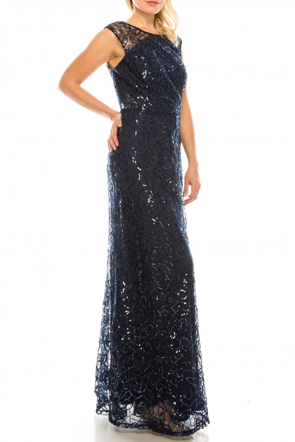 Ignite Evenings 7120269 - Long Sheath Dress - Cap Sleeves, Sequins, Applique, Fitted Bodice, Sheath Skirt, V-Back, Back Zipper ADASA Ignite Evenings 7120269 - Long Sheath Dress - Cap Sleeves, Sequins, Applique, Fitted Bodice, Sheath Skirt, V-Back, Back Zipper ADASA
