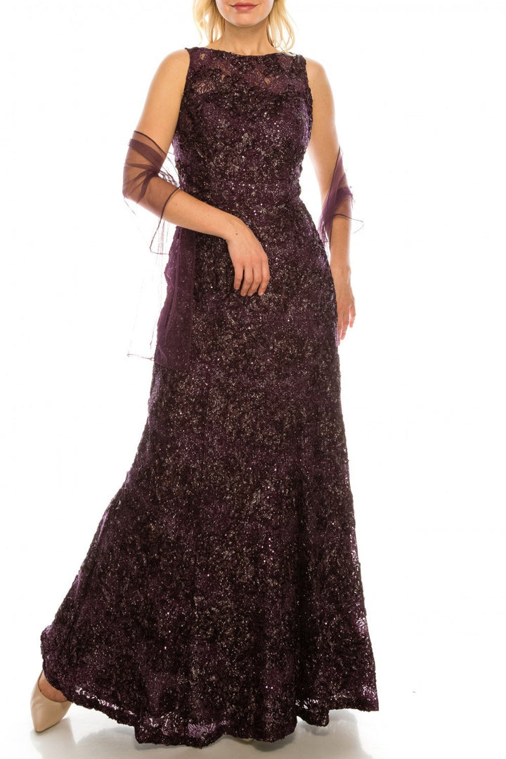 Ignite Evenings IG119103 - Long A-Line Dress - Sleeveless, Slim A-Line  Silhouette, Glittery Lace, Floral Appliques, Full Length, Back Keyhole,  Back Zipper Closure, Mesh Shawl  ADASA
