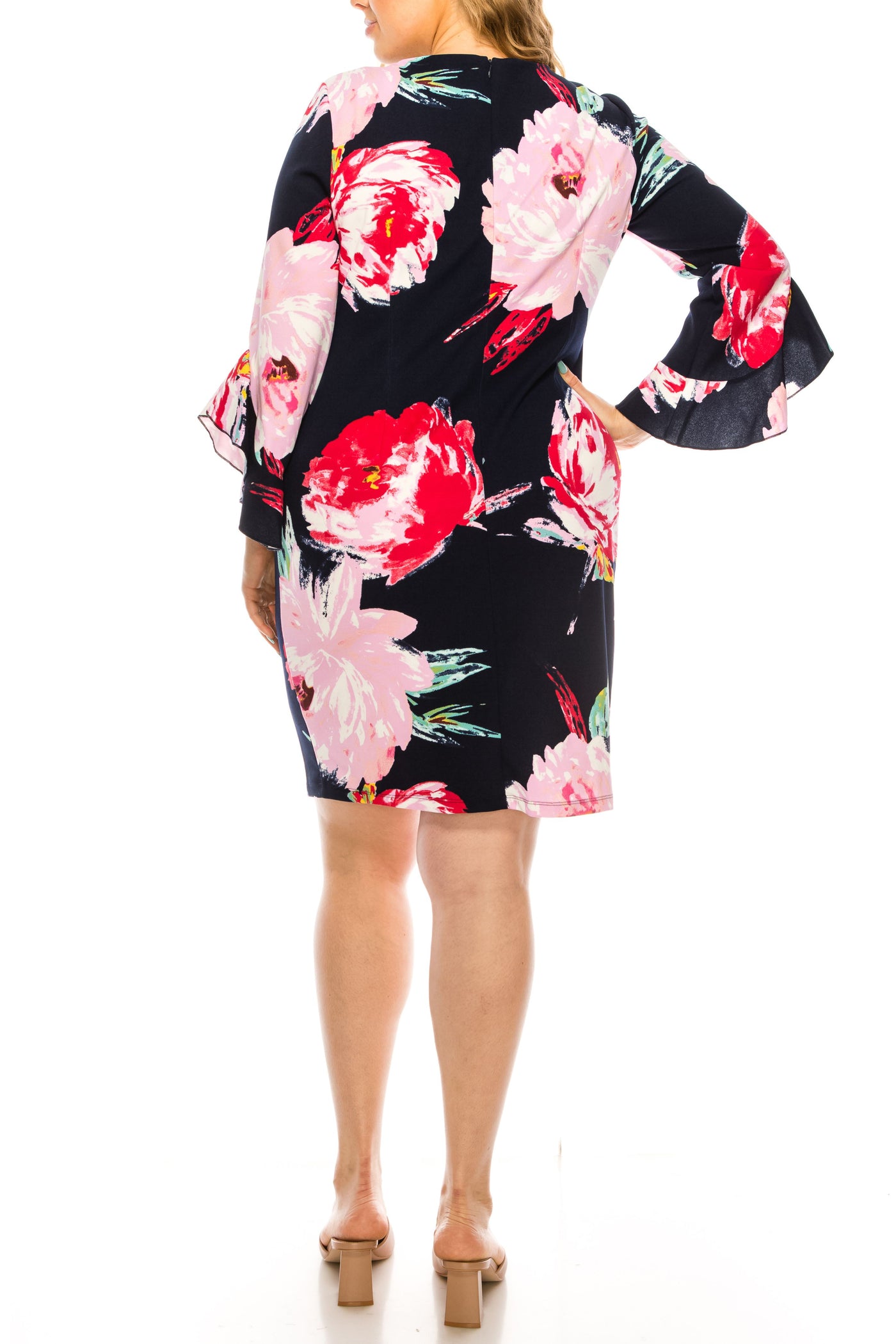 ILE Clothing - SCP1342 Sheath Floral Printed Dress In Blue and Pink