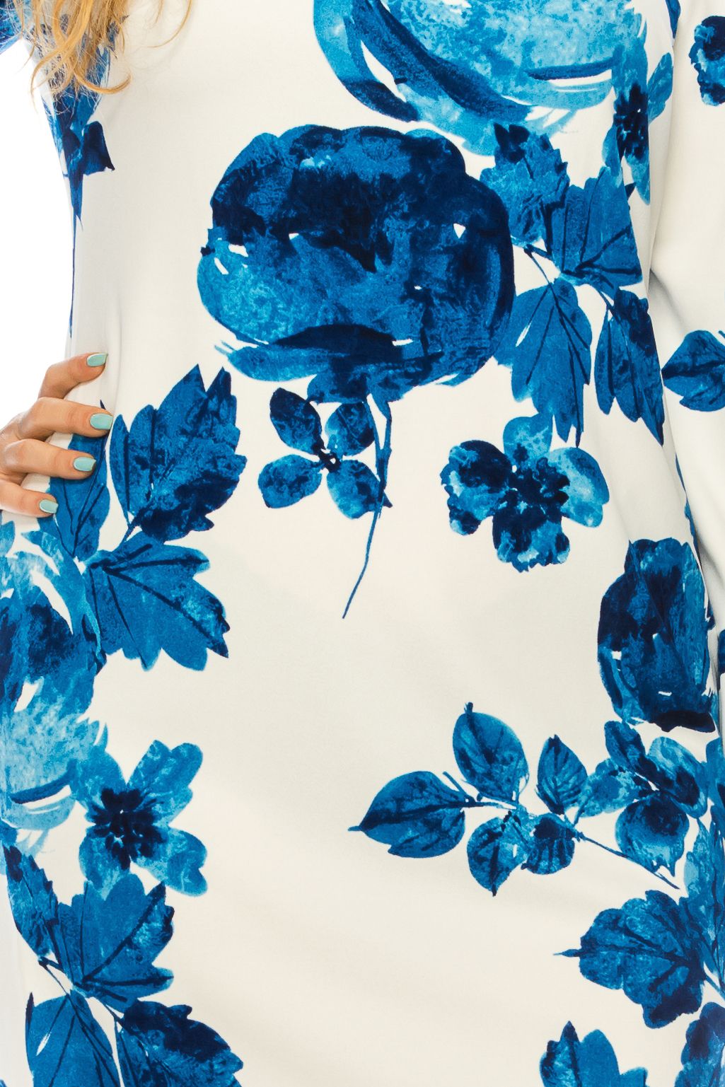 ILE Clothing - SCP1342 Sheath Floral Printed Dress In Blue and White