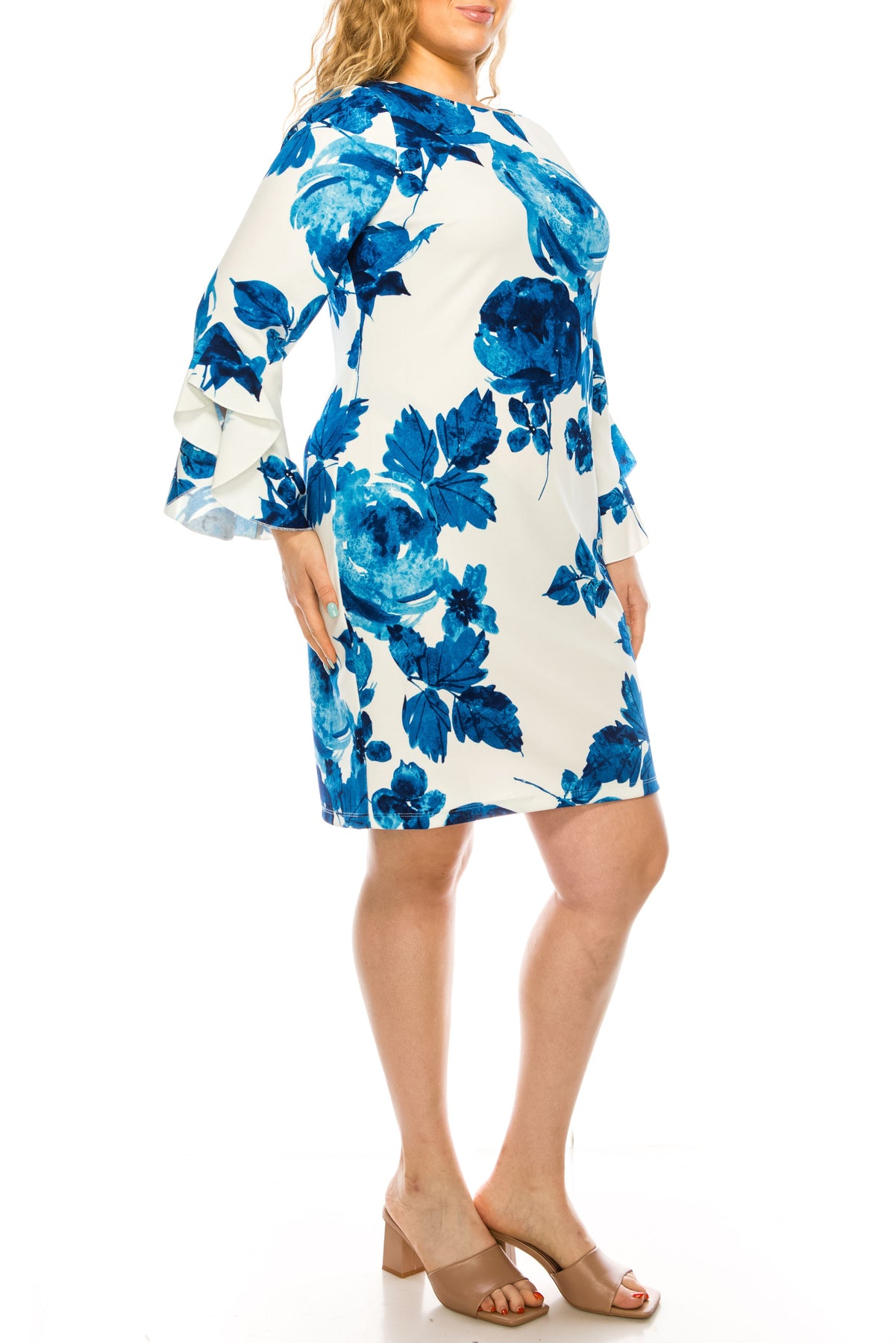 ILE Clothing - SCP1342 Sheath Floral Printed Dress In Blue and White