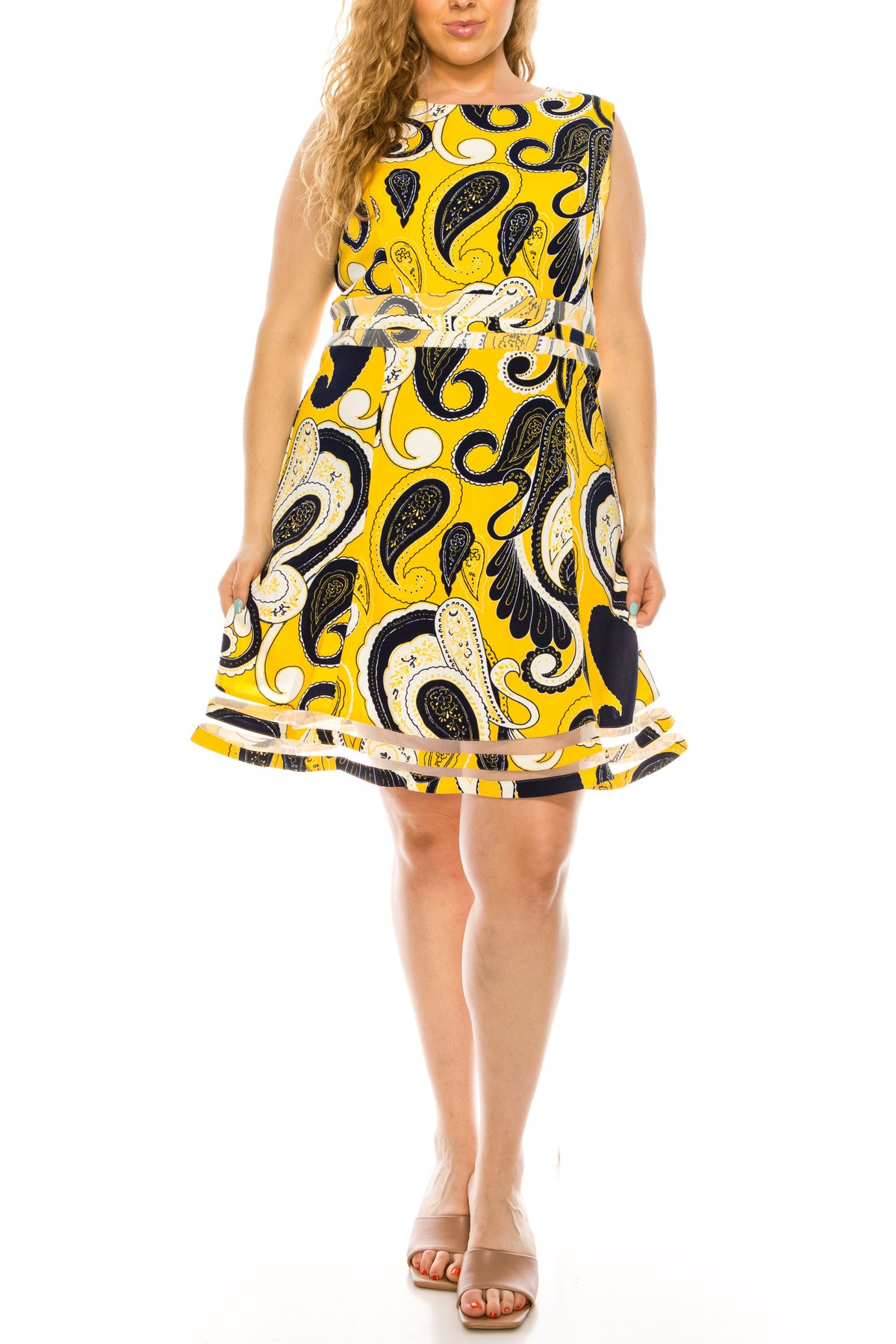 ILE Clothing - SCP5708 Bateau A-Line Knee-Length Dress In Yellow and Black