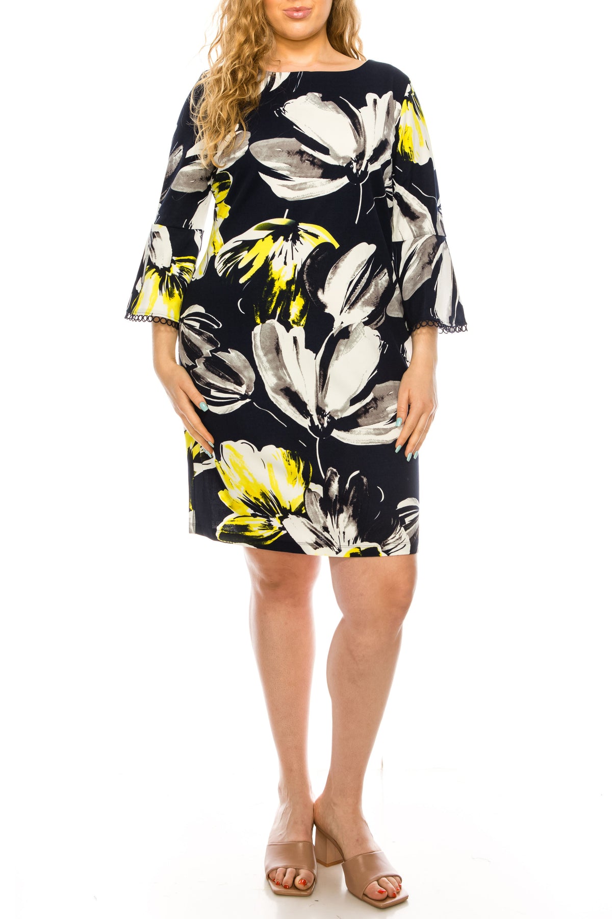ILE Clothing - SCP5901B Floral Printed Bateau Dress In Blue