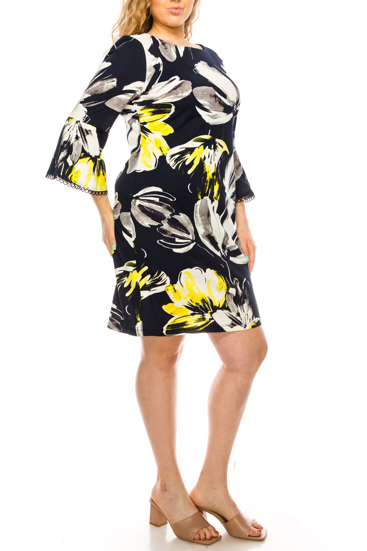 ILE Clothing - SCP5901B Floral Printed Bateau Dress In Blue
