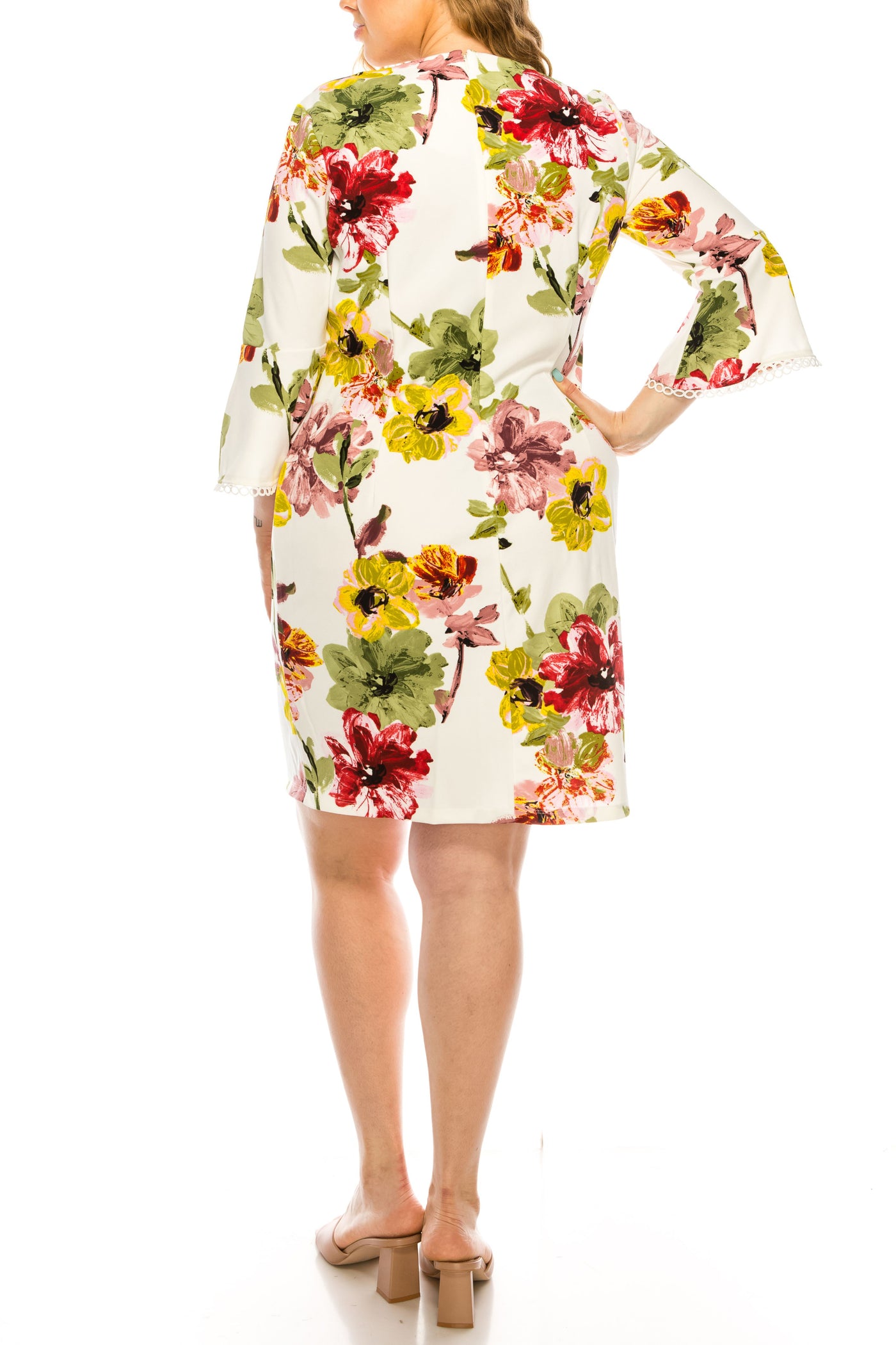 ILE Clothing - SCP5901B Floral Printed Bateau Dress In White and Multi-Color