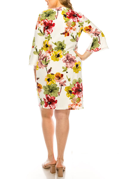 ILE Clothing - SCP5901B Floral Printed Bateau Dress In White and Multi-Color