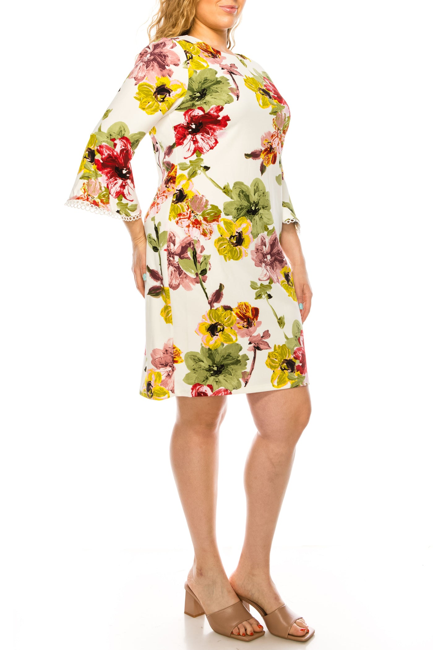 ILE Clothing - SCP5901B Floral Printed Bateau Dress In White and Multi-Color