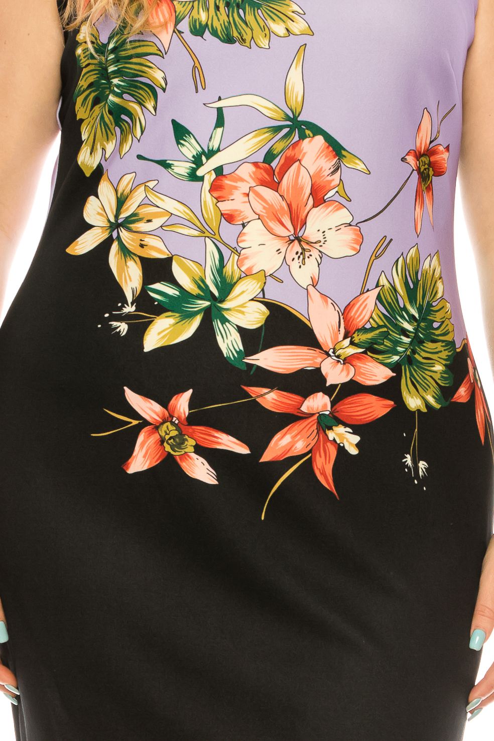 ILE Clothing - SCP891 Floral Printed Sheath Short Dress In Purple and Black