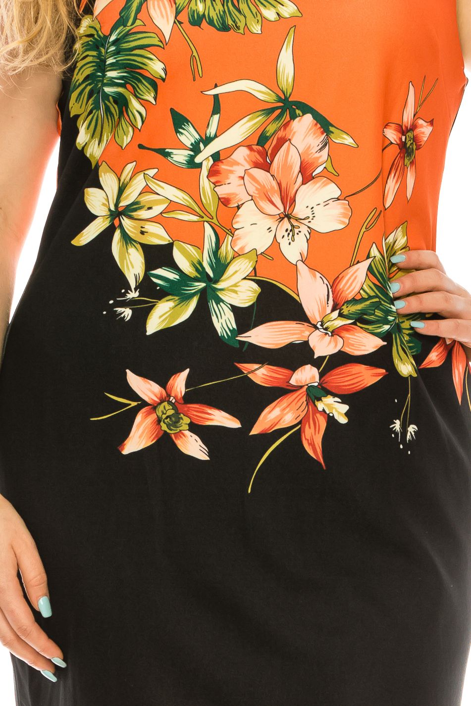 ILE Clothing - SCP891 Floral Printed Sheath Short Dress In Orange and Black
