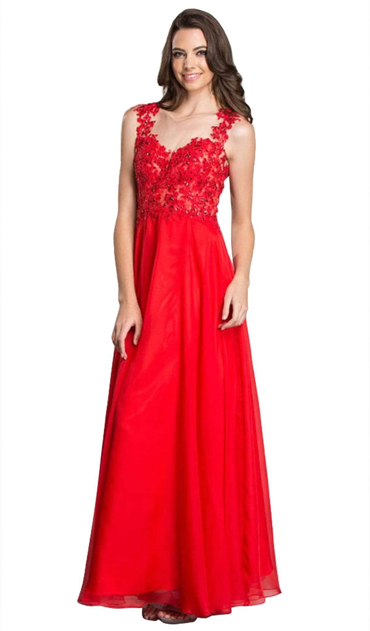Illusion Back Long A-Line Prom Dress Prom Dresses XXS / Red