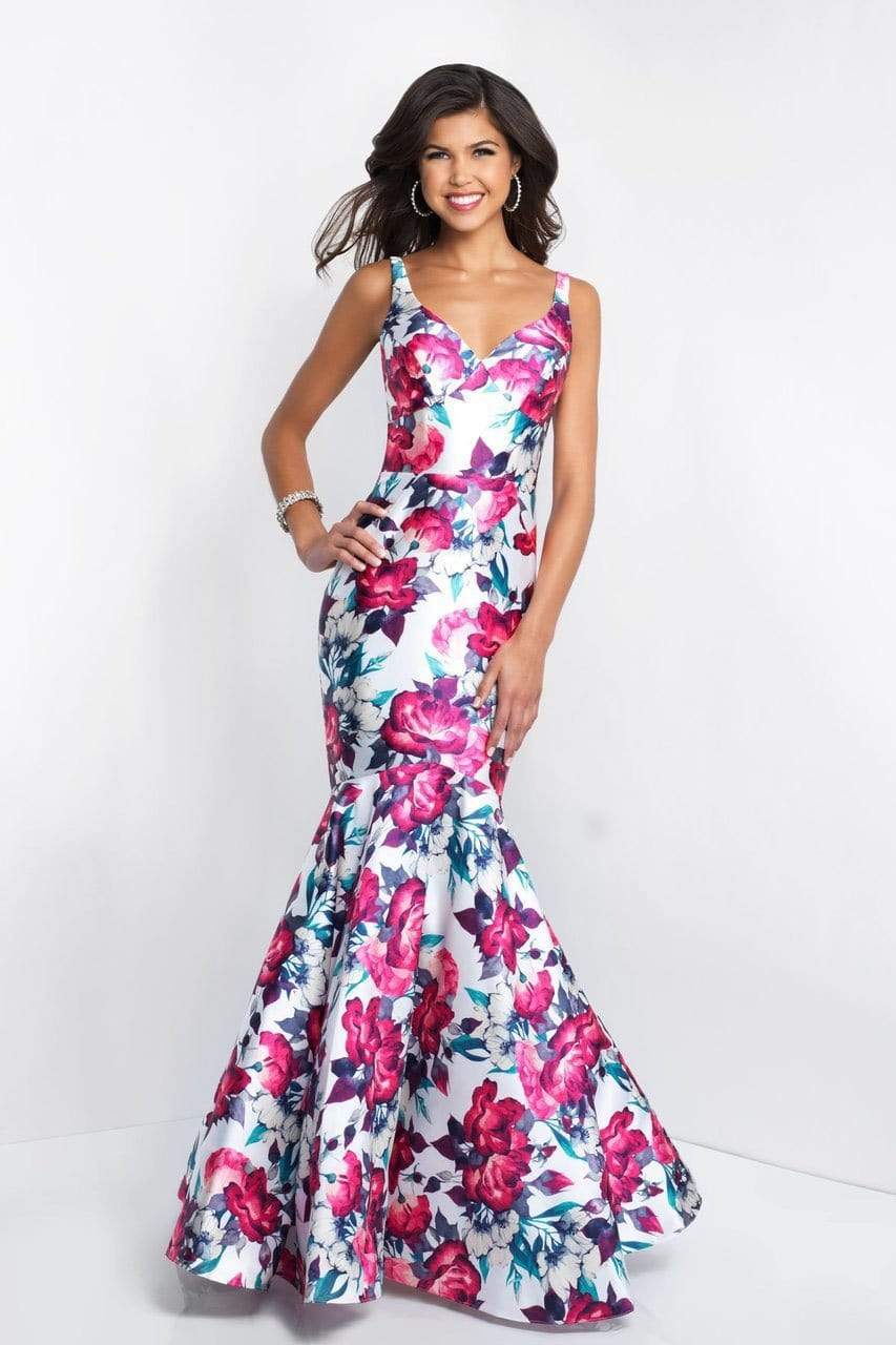 Intrigue - 403 Sleeveless Sweetheart Floral Mikado Trumpet Gown Special Occasion Dress 0 / White/Multi