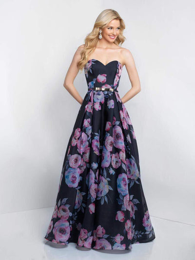 Intrigue - 429 Strapless Floral Belted Gown Special Occasion Dress 0 / Black/Multi
